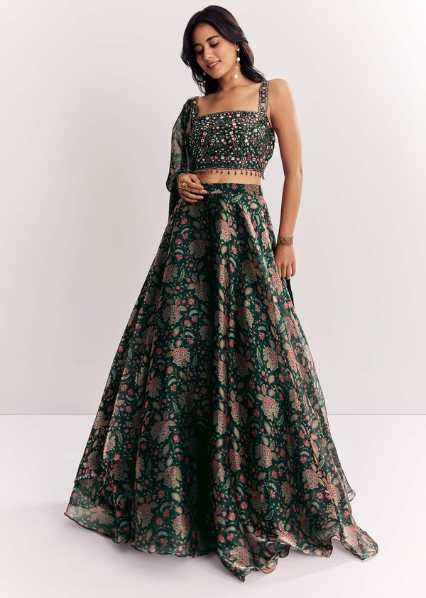 Bottle Green Mirror Work Lehenga Choli Set In Organza Tissue