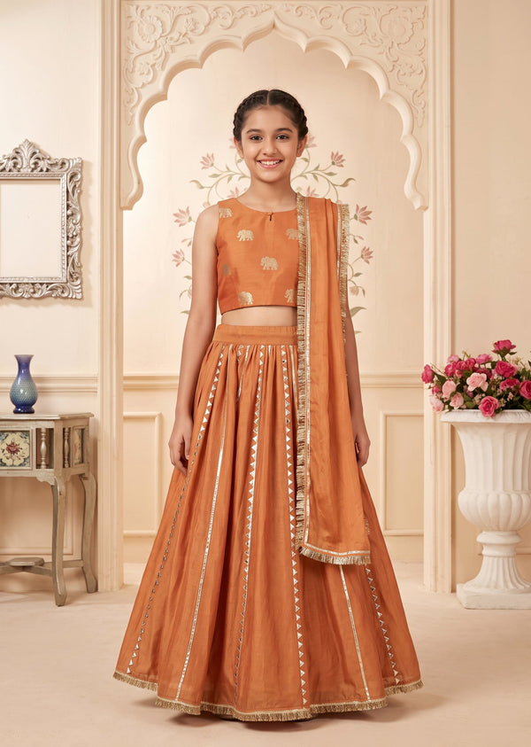 Bright Orange Gold Chanderi Lehenga Set With Classic Gotta Detailing