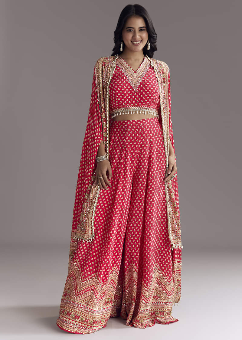 Buy Bright Red Printed Cape Set| KALKI Fashion Global