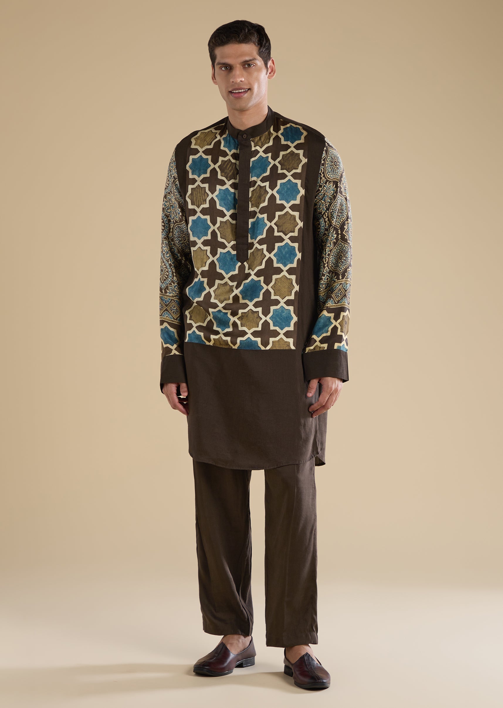 Brown Ajrakh Printed Kurta Set For Men