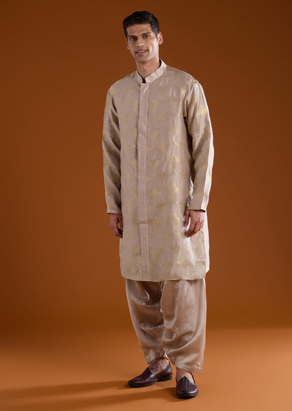 Brown Banarasi Silk Mens Kurta Pant Set