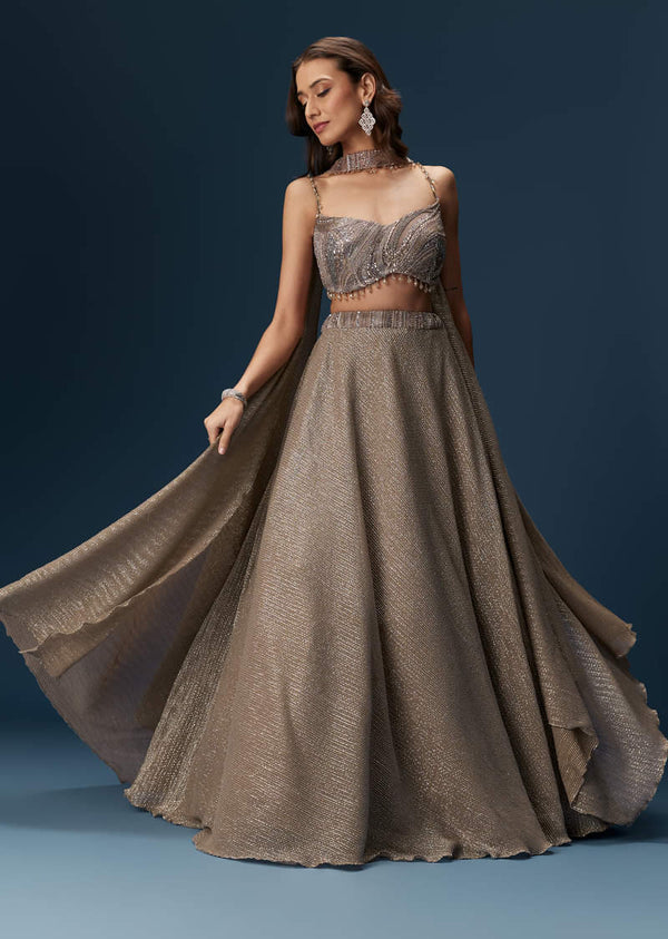 Brown Bridesmaid Lehenga With Choker Net Dupatta And Embellished Blouse