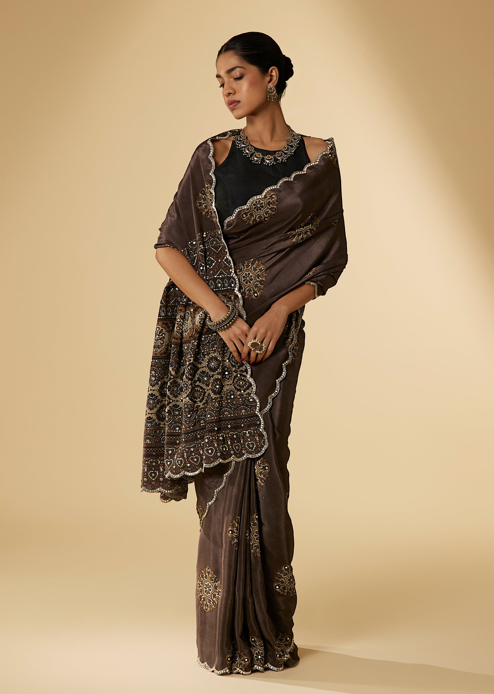 Brown Crepe Ajrakh Digital Print Saree With Embellished Border Pallu Design