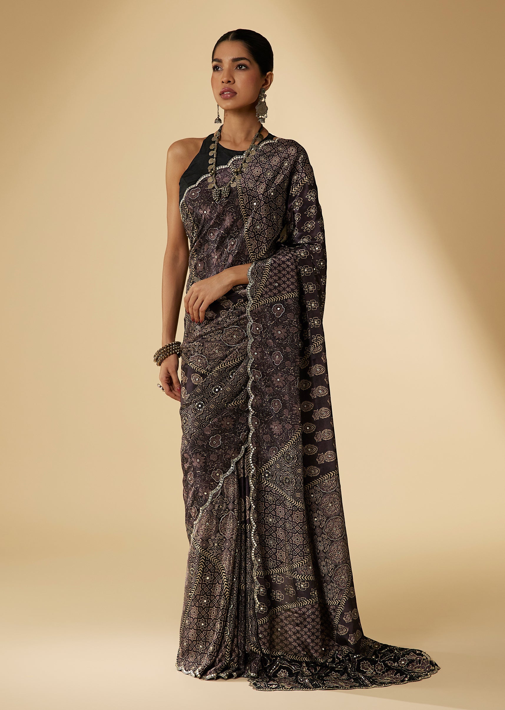 Brown Crepe Ajrakh Digital Print Saree With Unstitched Blouse