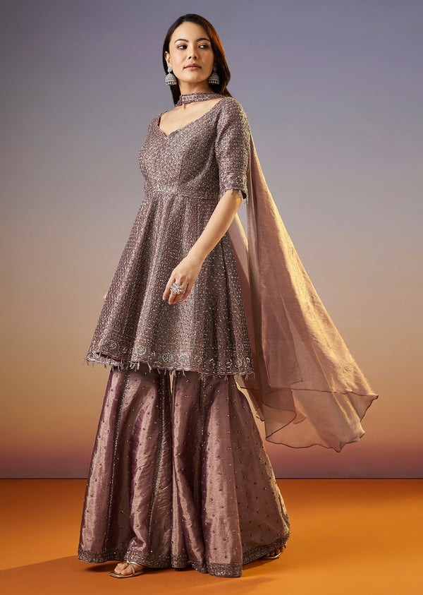 Brown Embroidered Tissue Peplum Sharara Suit With Dupatta