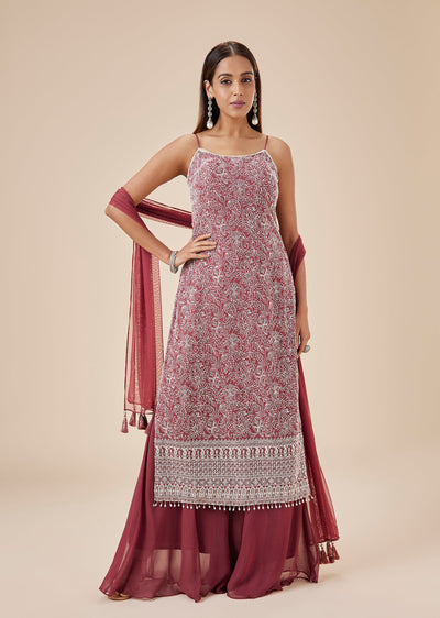 Brown Georgette Heavily Embroidered Palazzo Suit Set