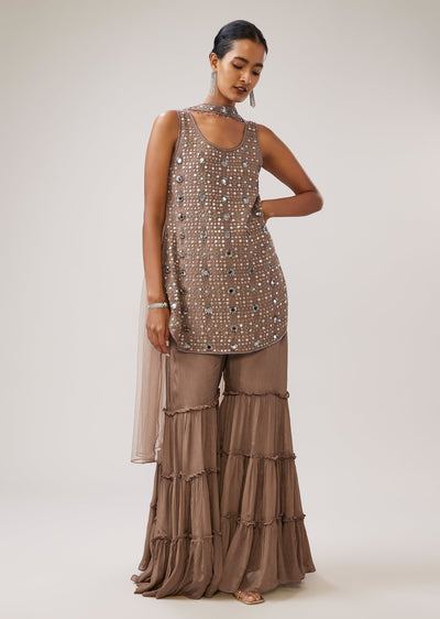 Brown Mirror Work Chinon Sharara Set With Dupatta