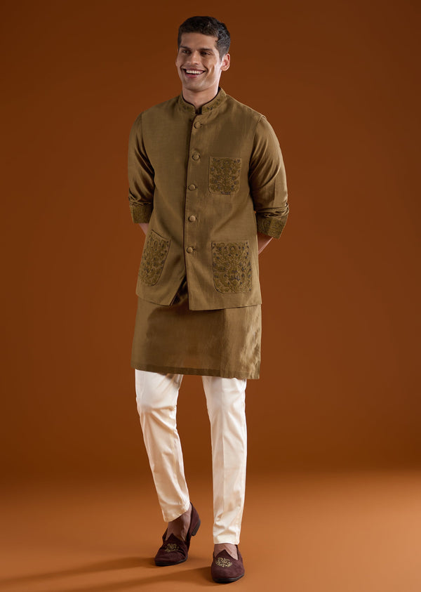 Brown Silk Kurta Set With Beads And Thread Work