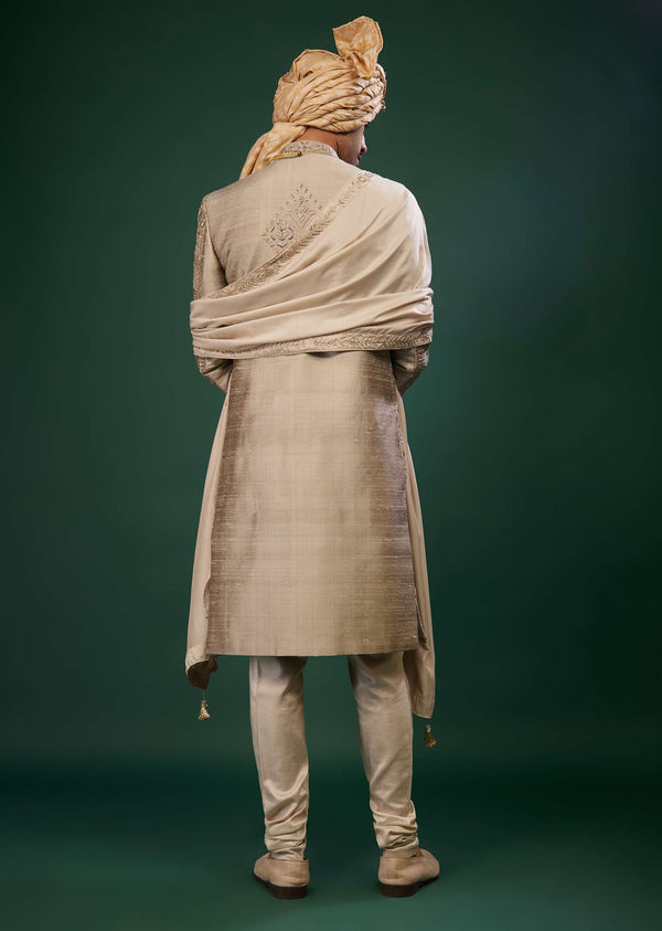 Tan Brown Thread And Zari Embroidered Silk Sherwani Set