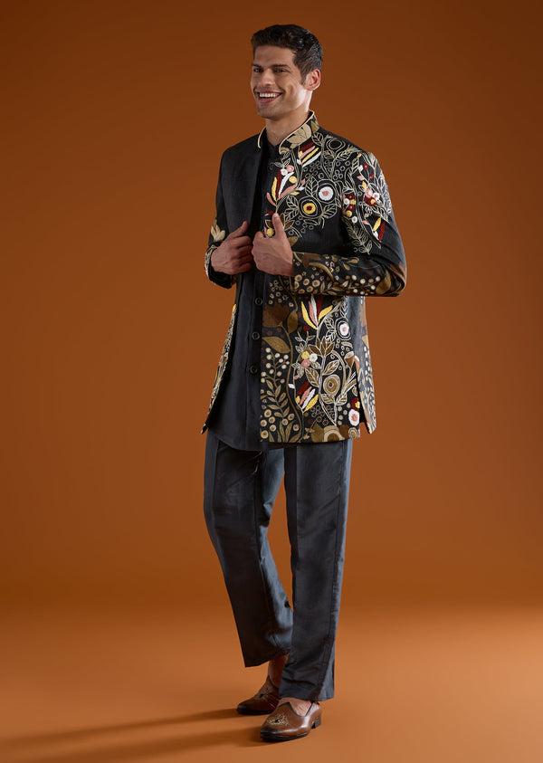 Charcoal Grey Indowestern Kurta Set with Resham Work