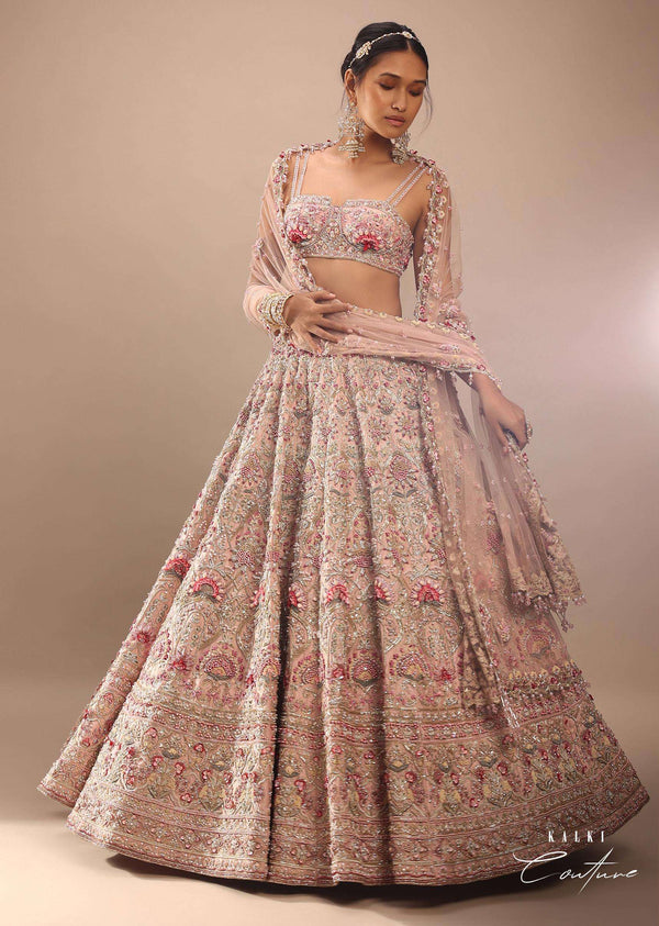 Charm Pink Rumi Lehenga Set In 3D Flower Motifs And Abla Embroidery, Crop Top Comes With The Similar Embroidery