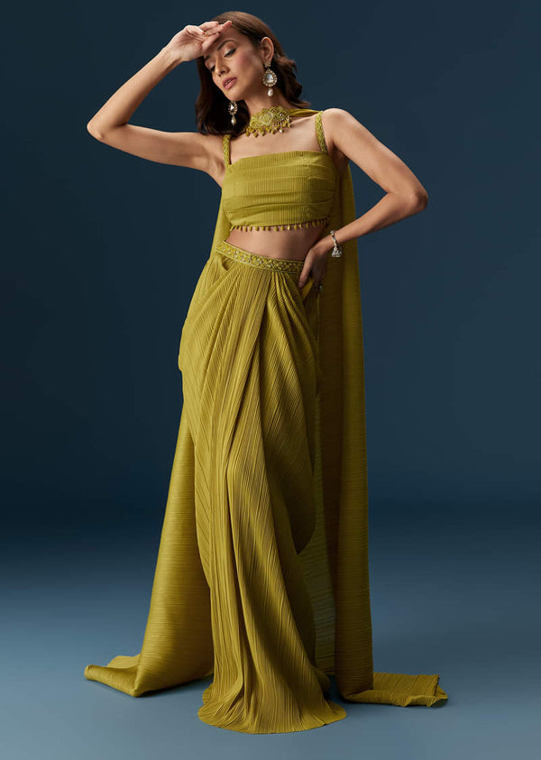 Citrus Green Drape Skirt With Pleated Bustier And Choker Style Dupatta