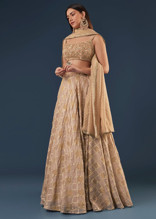 Copper Gold Banarasi Lehenga Set With Square Neck Blouse