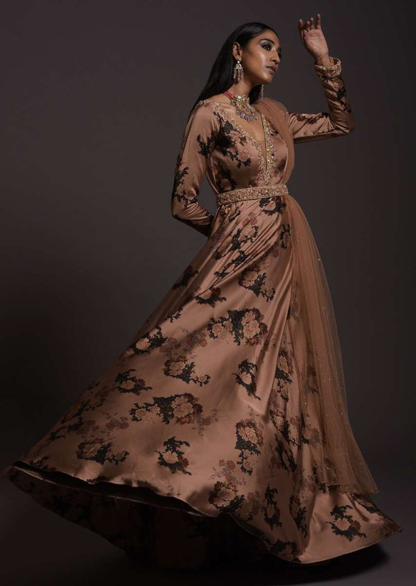 Copper Peach Anarkali Suit In Milano With Floral Print, Plunging Neckline And An Embellished Belt