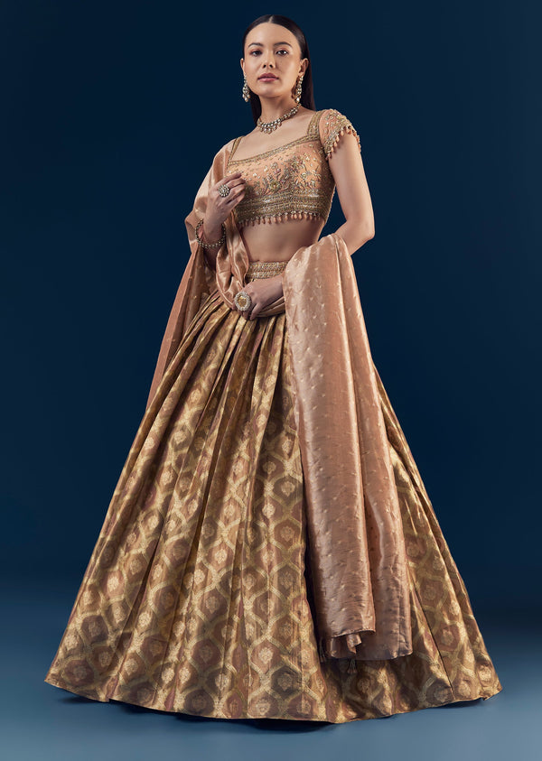 Coral Hand Embroidered Banarasi Silk Bridesmaid Lehenga Set with Pleats