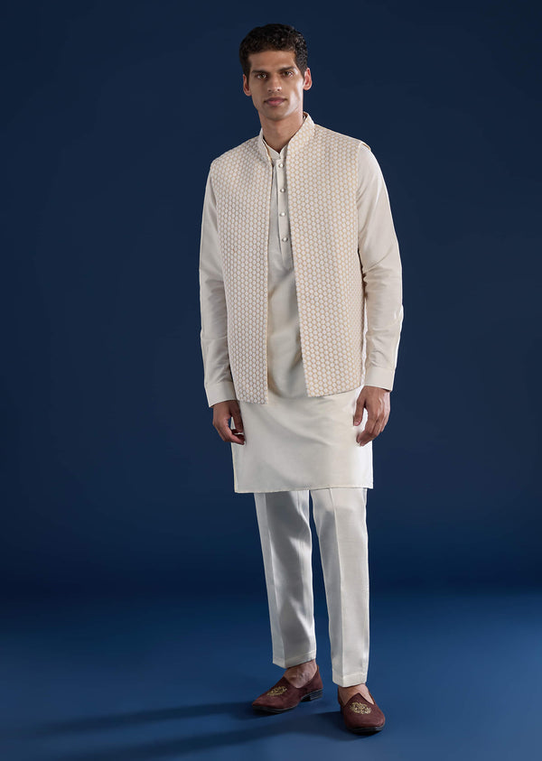 Cream Viscose Jacket Kurta Set With Embellished Work