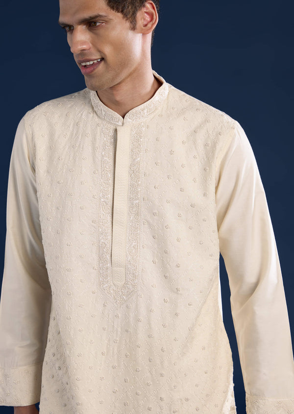 Cream Banarsi Silk Mens Kurta and Pant Set