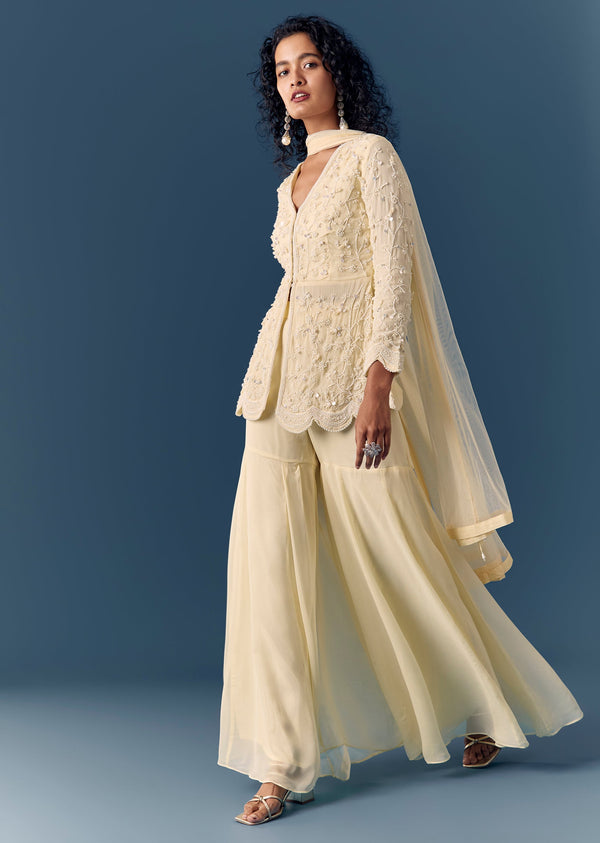 Cream Beaded Peplum Kurta Sharara Set With Dupatta