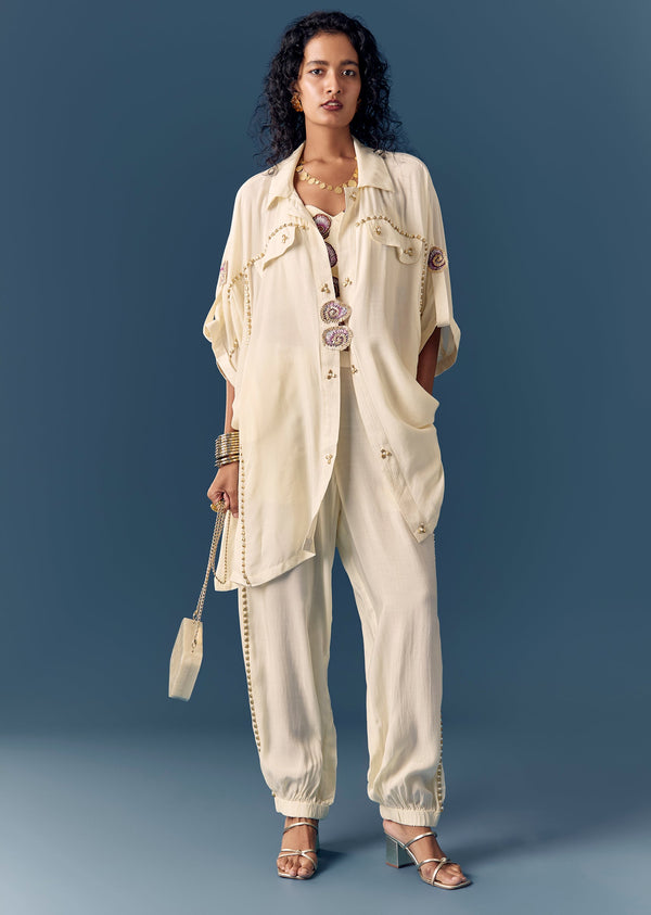 Cream Embellished Shirt Co ord Set