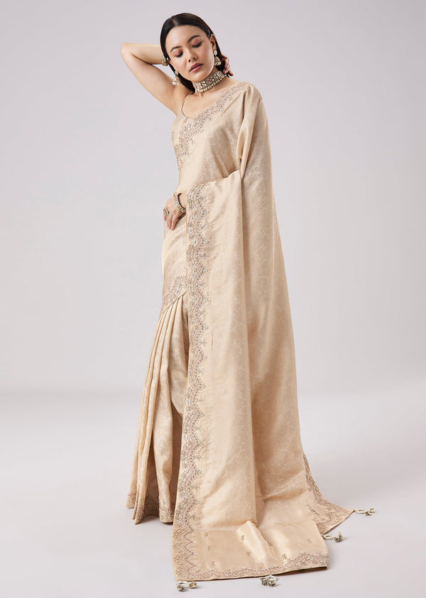 Cream Embroidered Tassel Saree With Unstitched Blouse