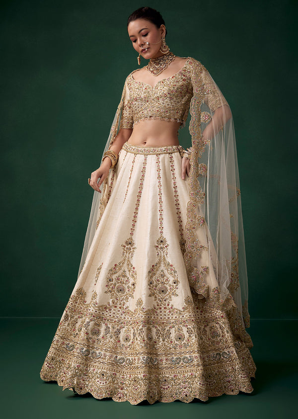 Cream Gold Thread Work Bridal Lehenga Set