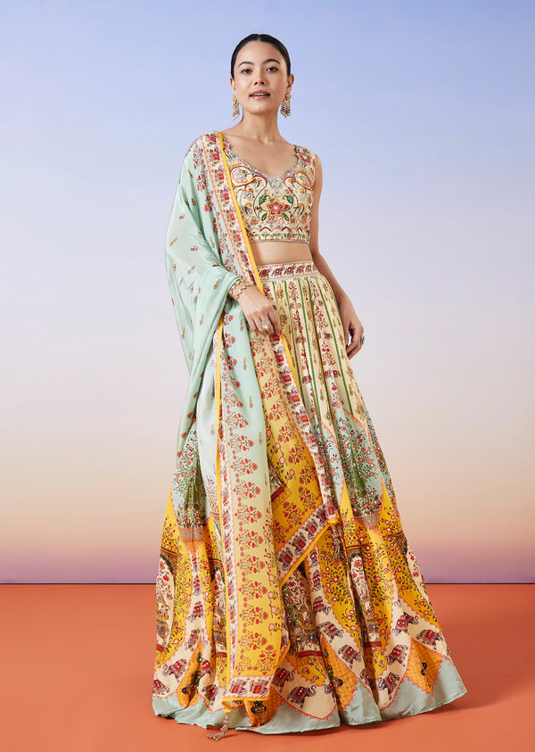 Cream Printed Lehenga With Dupatta
