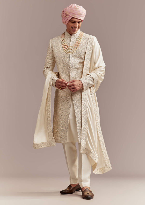 Cream Silk Sherwani For Groom With Floral And Geometric Embroidery