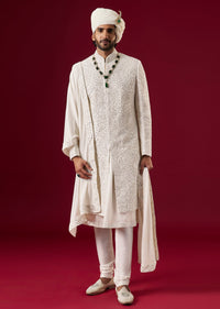 Cream Silk Sherwani Set With Zari Sequin Work