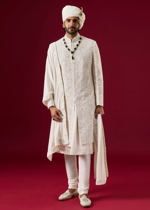 Cream Silk Sherwani Set With Zari Sequin Work
