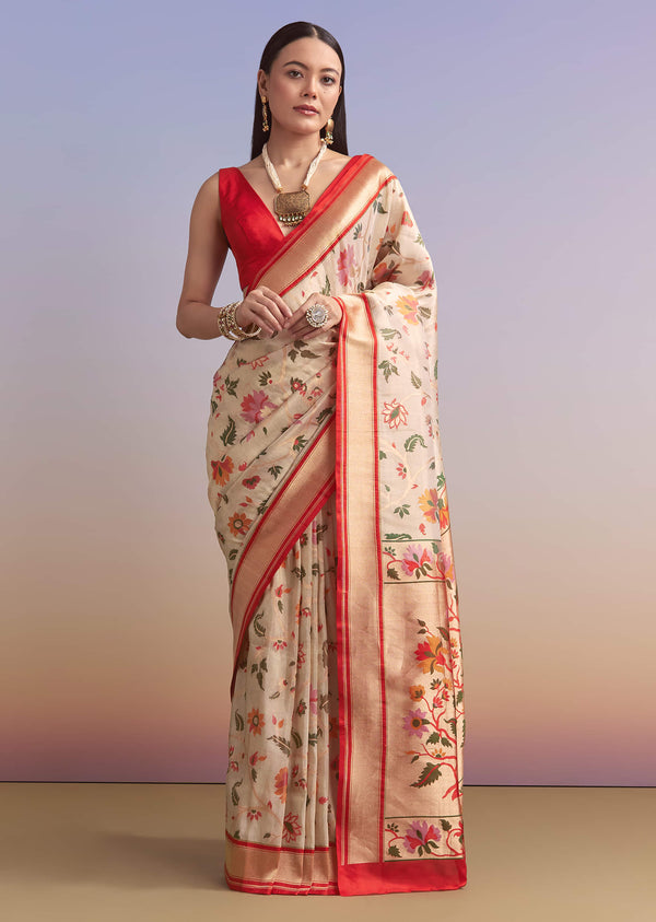 Cream Silk Woven Saree With Multicolour Thread Embroidery