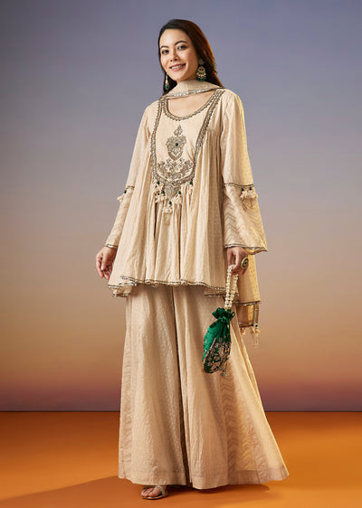Cream Zardosi Chanderi Palazzo Suit With Dupatta