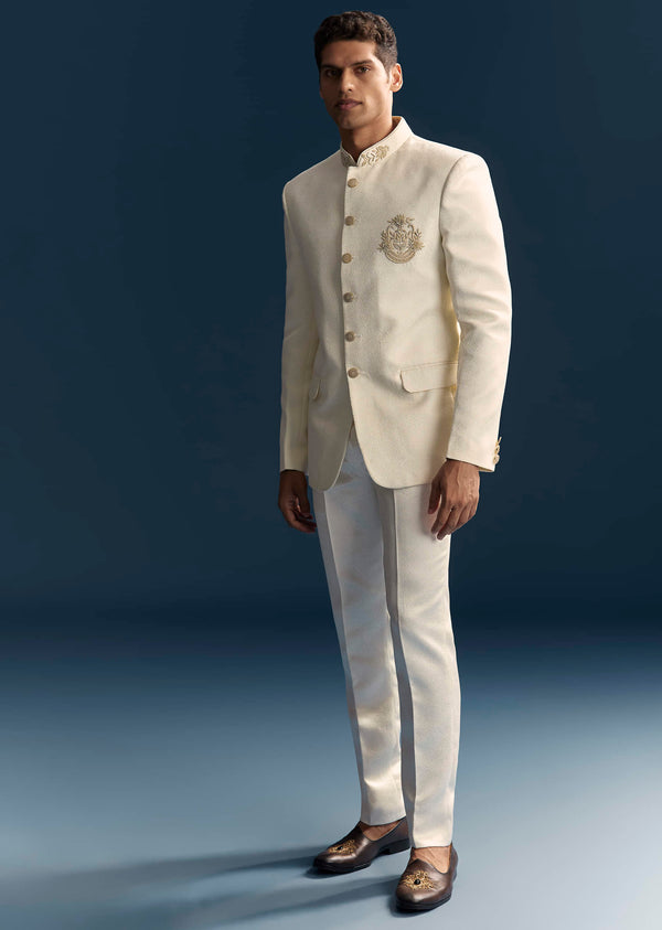 Cream Silk Jodhpuri Suit For Men With Heavy Hand Embroidery