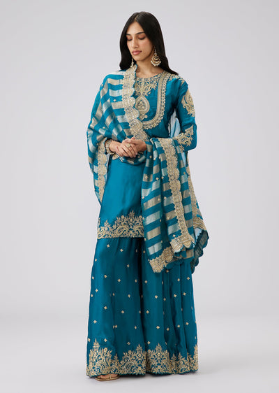Dark Blue Butti Satin Heavy Embroidered Palazzo Suit