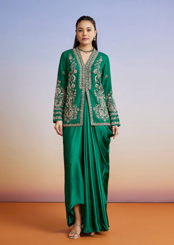 Dark Green Embroidered Silk Blend Crop Top Skirt Set