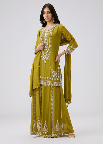 Dark Mehendi Green Chinon Embroidered Palazzo Suit