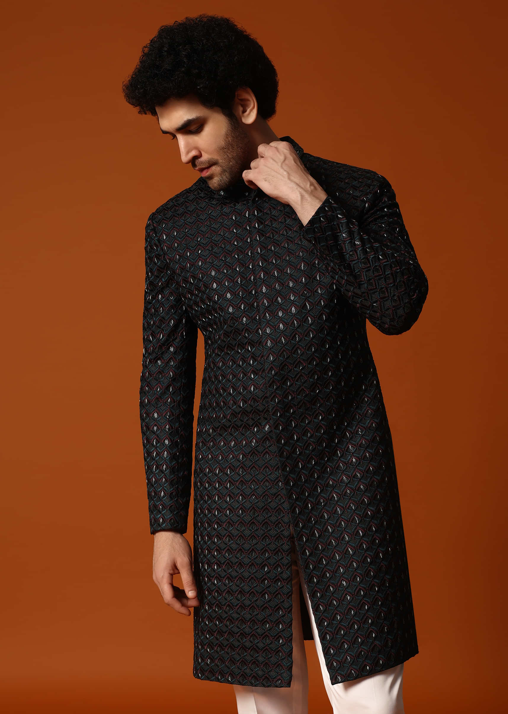 Dark green cutdana embroidered sherwani set for men