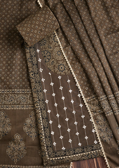 Earthy Brown Cotton Block Printed Unstitched Suit Set