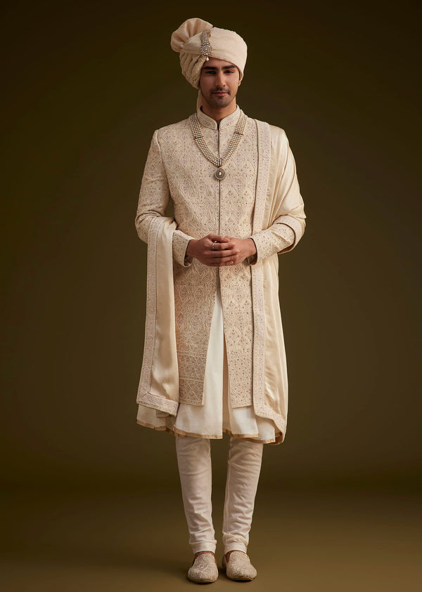 Beige Silk Sherwani Set With Dori Handwork