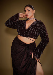 Embroidered Wine Velvet Blazer Blouse With Tassels And Draped Skirt