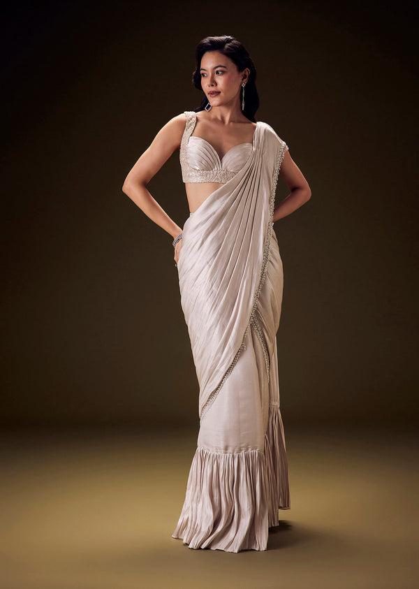 Frosted Ivory Satin Ruffled Ready Pleated Saree