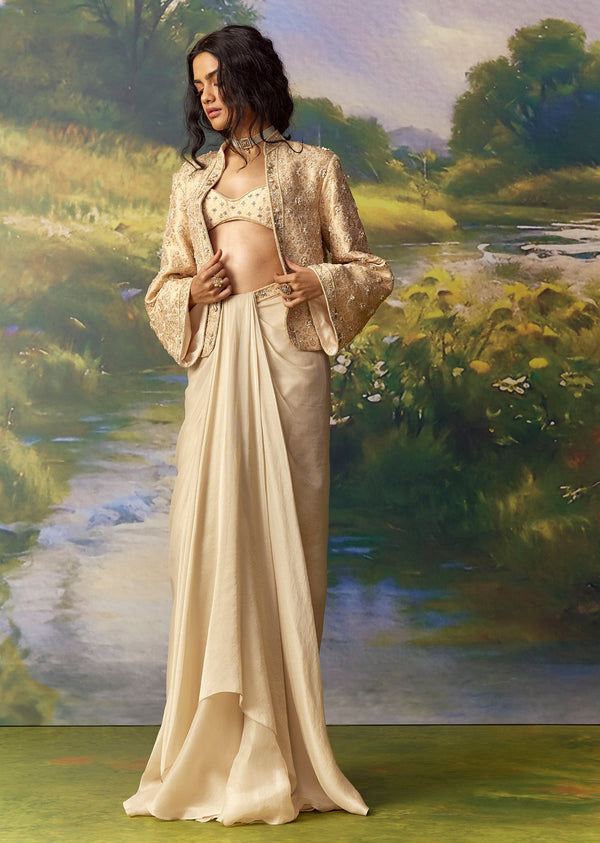 Gold Banarasi Silk Embroidered Jacket and Draped Skirt Set