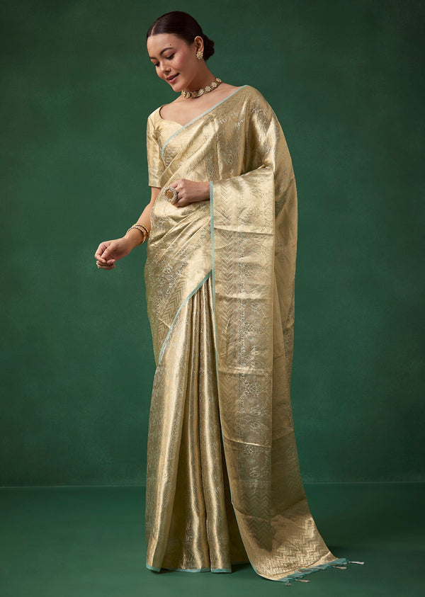 Gold Tissue Silk Woven and Embroidered Saree with Unstitched Blouse