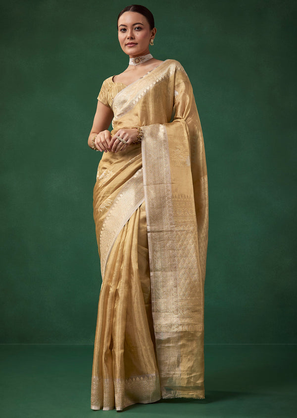 Gold Tissue Silk Butti Woven Saree with Unstitched Blouse