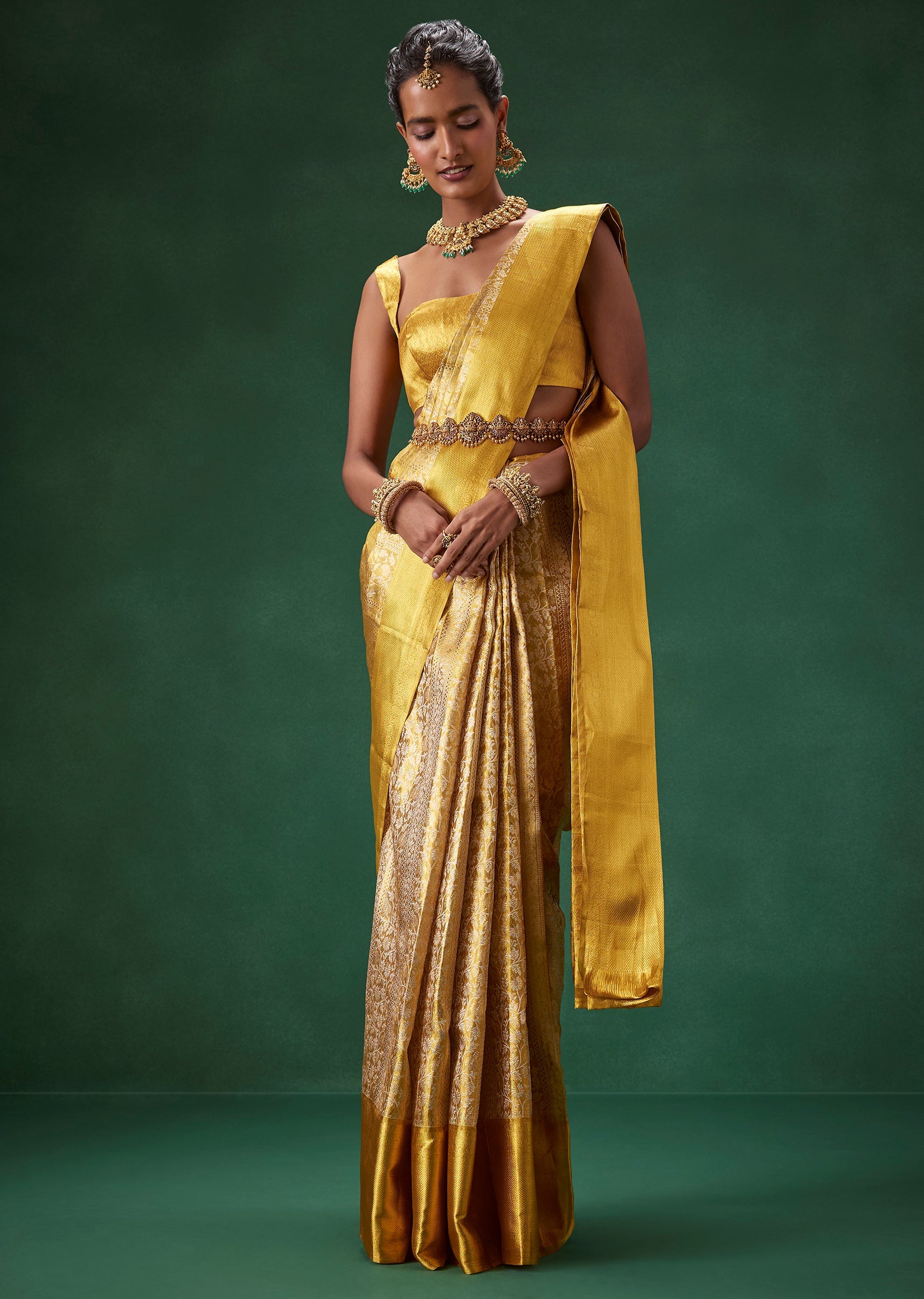 Gold Bridal Kanjivaram Floral Jaal Weave Saree with Unstitched Blouse