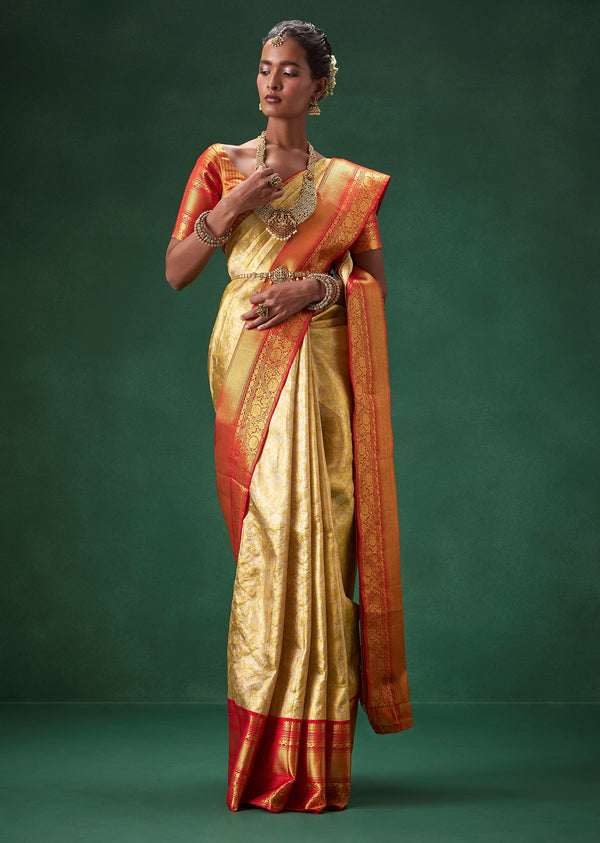 Gold Bridal Kanjivaram Floral Weave Saree with Unstitched Blouse
