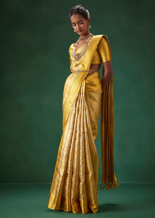 Gold Bridal Kanjivaram Saree with Brocade Unstitched Blouse