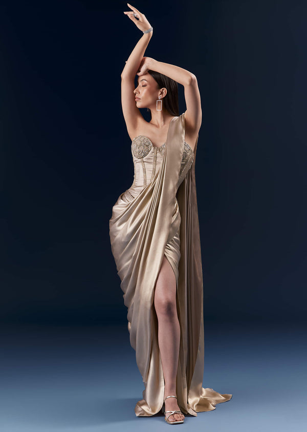 Gold Crepe Crop Top And Drape Skirt Set With Embroidery