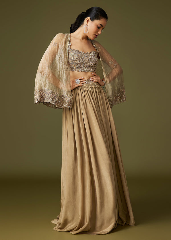 Gold Crop Top Lehenga With Thread Beadwork Cape