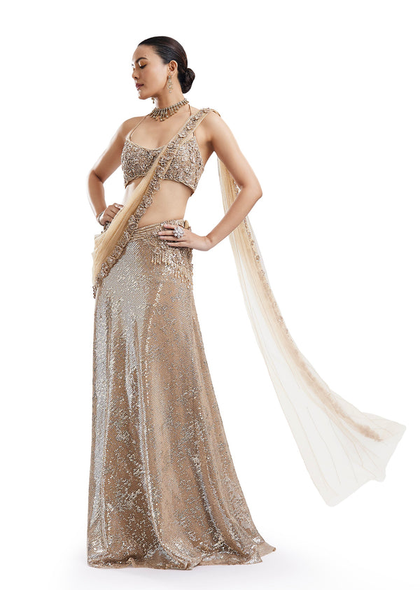 Gold Detachable Drape Saree Skirt Set