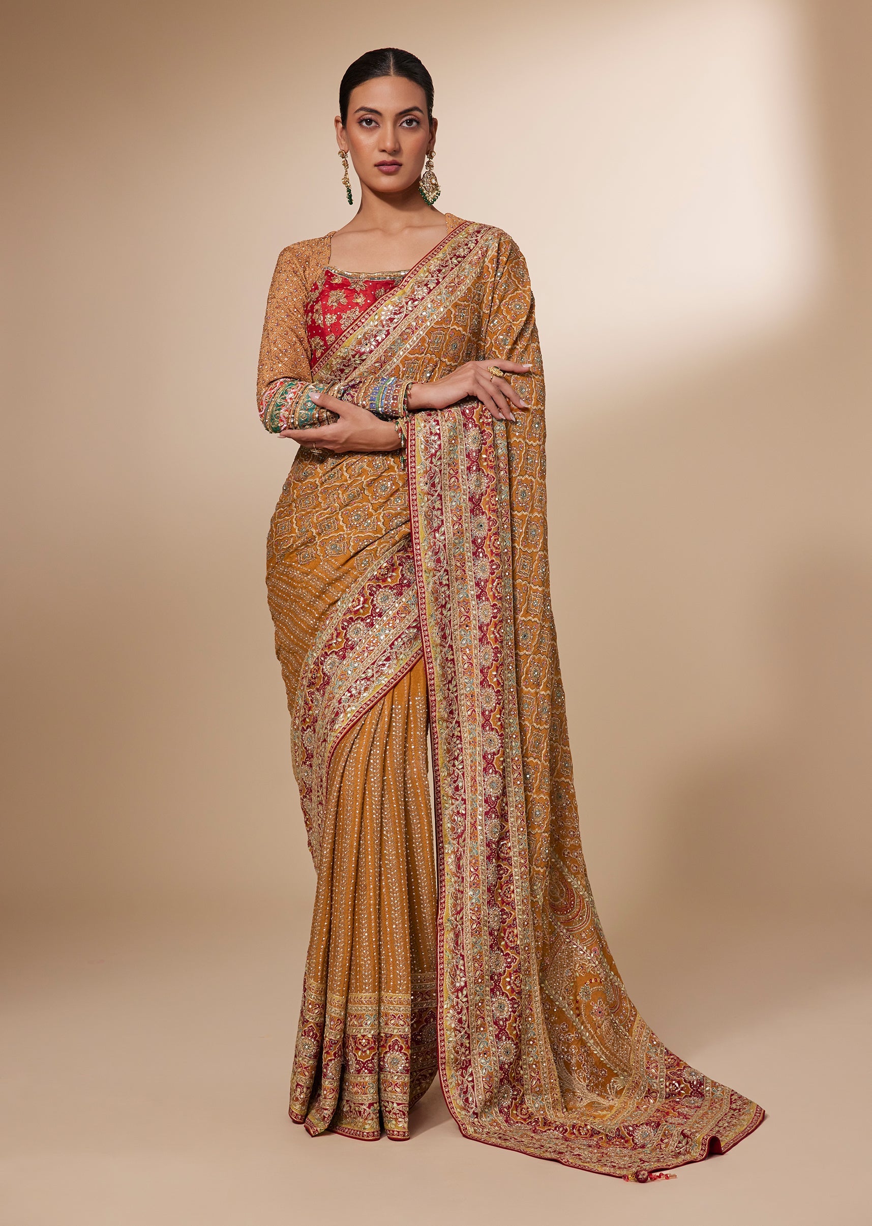 Gold Digital Print Chiffon Saree With Sequin Border And Ready Blouse